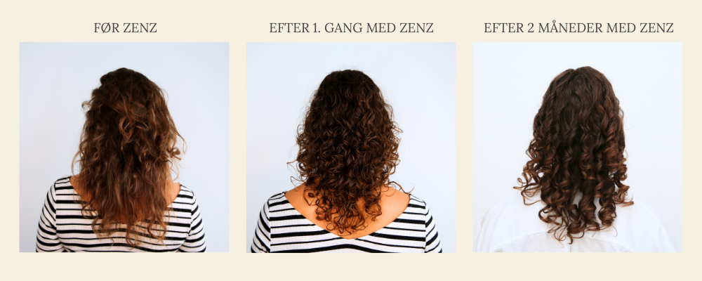 Billede sammenligner krøllet hår før og efter brugen Produkter fra Signature-serien Cactus. Krøller er definerert allerede efter først vask med Zenz produkterne.  