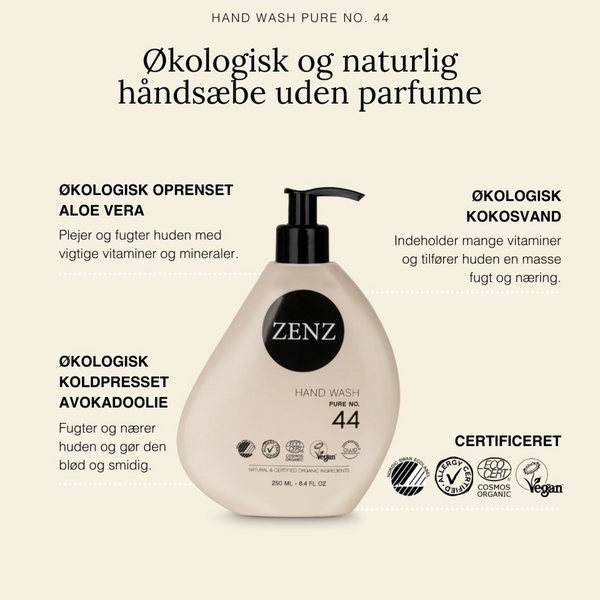 Allergivenlig håndsæbe med naturlige og certificeret økologiske ingredienser. Den er særlig velegnet til sensitiv hud. | ZENZ Organic