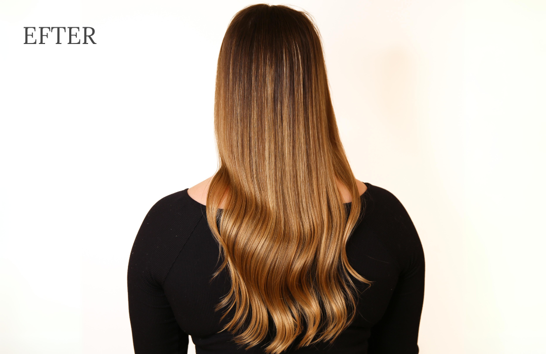Kvinde med langt brunt hår efter brug af ZENZ Organic hårprodukter i 2 måneder. Hendes hår ser sundt og blankt ud.