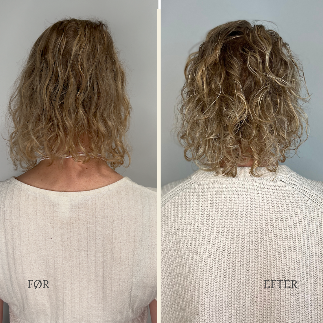 krøllet hår før og efter brugen Zenz produkter fra signatur-serien Sweet Sense