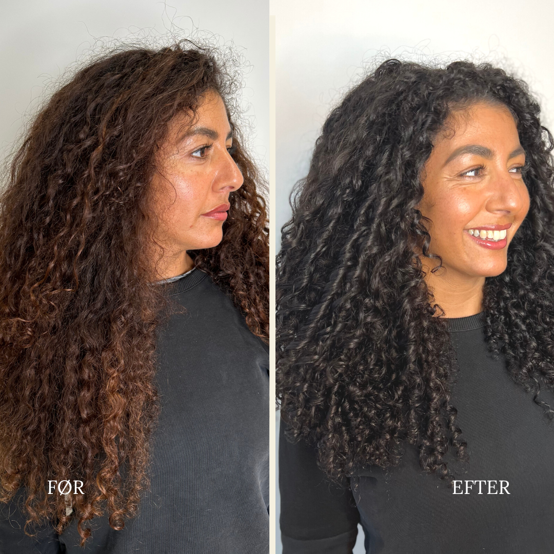 krøllet hår før og efter brugen Zenz produkter fra signatur-serien Deep Wood